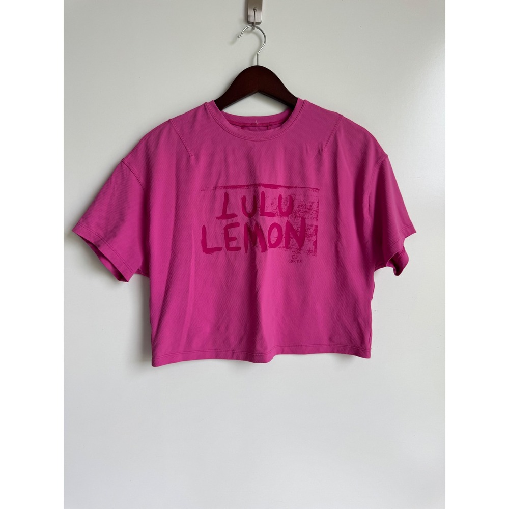 Lululemon Ed Curtis Train to Be Short Sleeve Pink Graphic Crop Top Athleisure